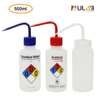 ULAB Scientific Wash Bottle Set, 1 of Each for Self-Venting Safety Wash Bottles of Distilled Water and Acetone, Vol.500ml, LDPE Material, 1pc of General Wide-Mouth wash Bottle, LDPE Material