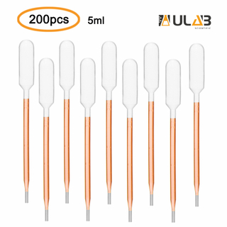 ULAB Scientific Transfer Pipette, Essential Oils Pipettes Vol. 5ml, 1ml Graduated, 0.25ml Graduation Interval, 145mm Long, Low-Density Polyethylene Material, Pack of 200, UTP1004