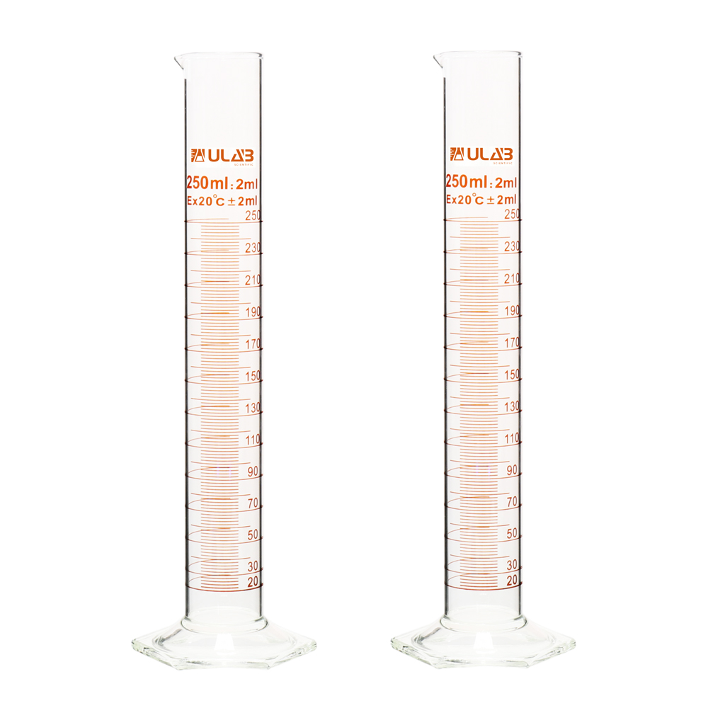 ULAB Scientific Glass Graduated Measuring Cylinder Set, 2pcs of 250ml Hexagonal Base Cylinders, Printed Graduations, with Tube Brush, UMC1004