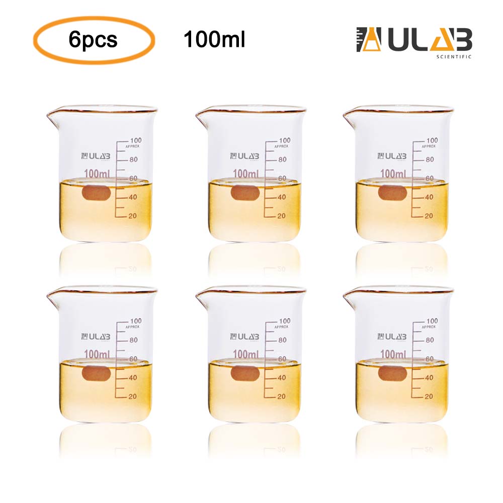 ULAB Scientific Glass Beaker Set, Vol. 100ml, 3.3 Borosilicate Griffin Low Form with Printed Graduation, Pack of 6, UBG1014