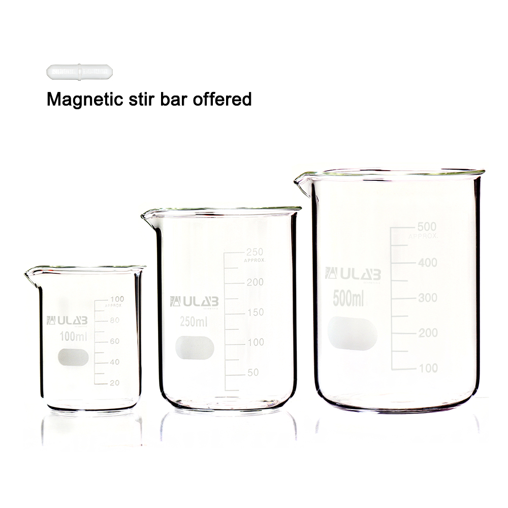 ULAB Scientific Low Form Griffin Glass Beaker Set with Magnetic Stir Bar Offered, 3 Sizes 100ml 250ml 500ml, 3.3 Borosilicate Glass, Printed Graduation, UBG1004