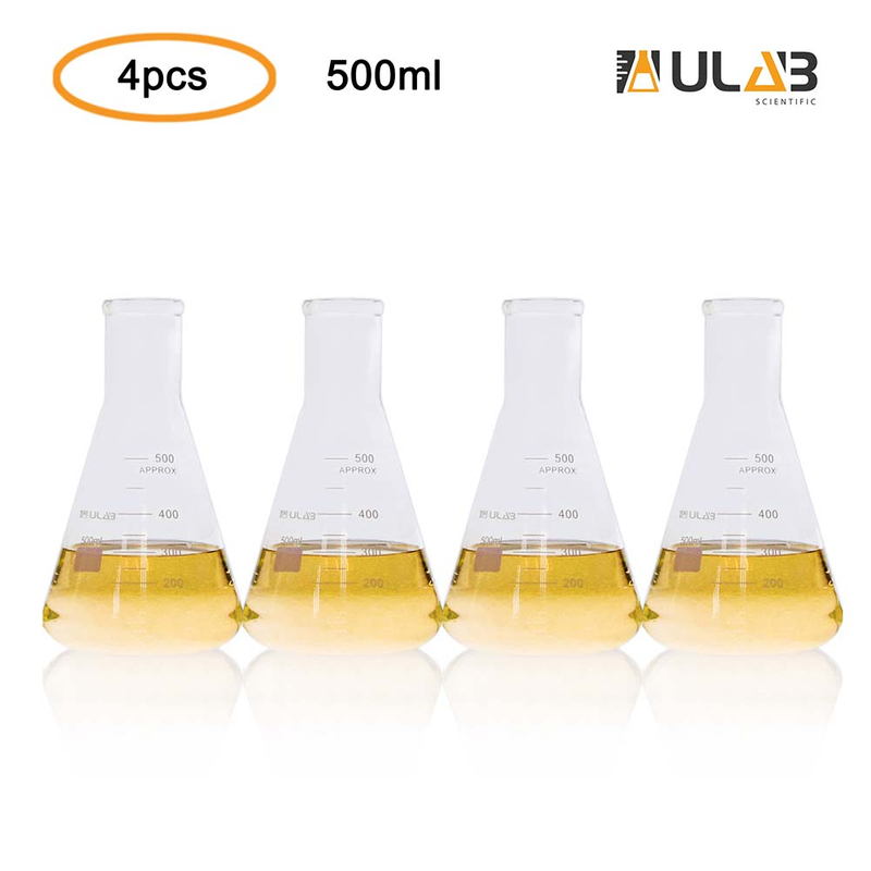 ULAB Scientific Narrow-Mouth Glass Erlenmeyer Flask Set, 17oz 500ml, 3.3 Borosilicate with Printed Graduation, Pack of 4, UEF1026