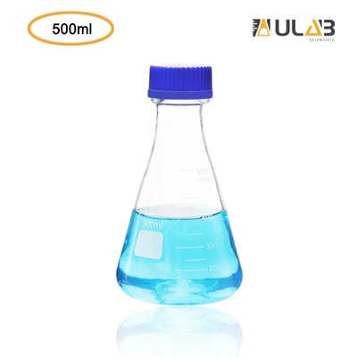 ULAB Scientific Erlenmeyer Flask with Blue Screw Cap, 17oz 500ml, 3.3 Borosilicate with Printed Graduation, UEF1017