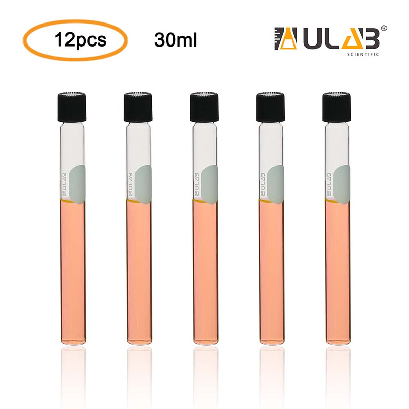 ULAB Test Tubes with Black Screw Caps, Vol.30ml, Dia.20x150mm with Marking Area, Borosilicate Glass Material, Pack of 12, UTT1014