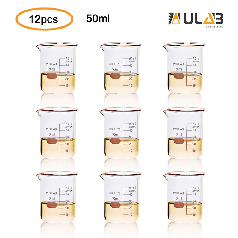 ULAB Scientific Glass Beakers Shot Glass, Vol. 50ml, 3.3 Borosilicate Griffin Low Form with Printed Graduation, Pack of 12, UBG1013