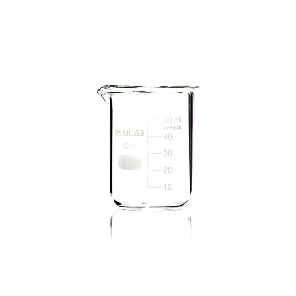 ULAB Scientific Glass Beakers Shot Glass, Vol. 50ml, 3.3 Borosilicate Griffin Low Form with Printed Graduation, Pack of 12, UBG1013