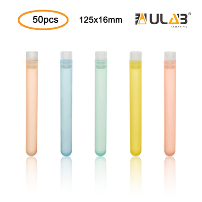 ULAB Plastic Test Tubes with Flange Stoppers, 50pcs of Dia.16x125mm Party Tubes, Assorted Color, 50pcs PE Flange Stoppers, Dia.16mm, Nature Color, UTT1021