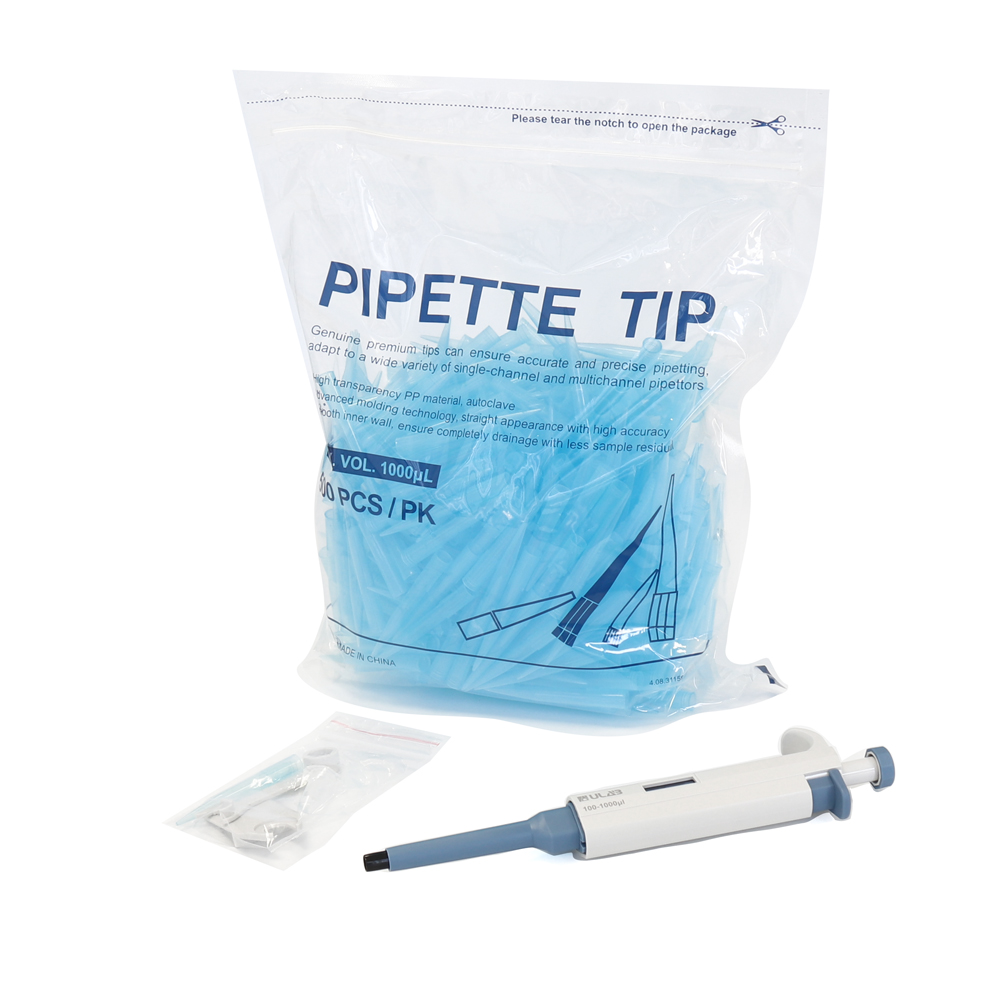 ULAB Single Channel Pipettor with Pipette Tips Offered, 1pc of Adjustable Volume Micro Pipette with Vol.range.100-1000μl, 500pcs of Vol.1000μl Pipette Tips in Blue Color, ULH1021