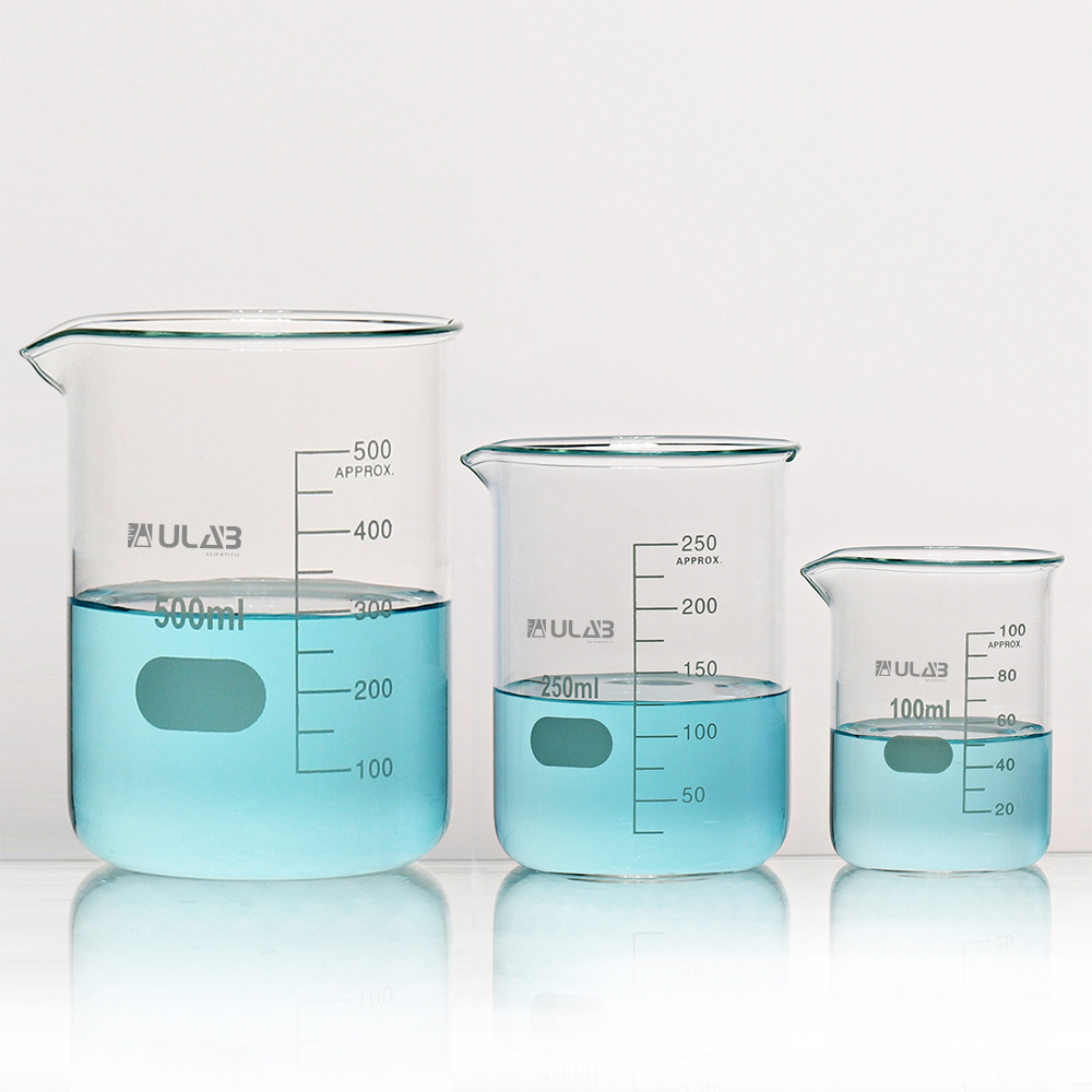 ULAB Scientific Low Form Griffin Glass Beaker Set with Magnetic Stir Bar Offered, 3 Sizes 100ml 250ml 500ml, 3.3 Borosilicate Glass, Printed Graduation, UBG1004