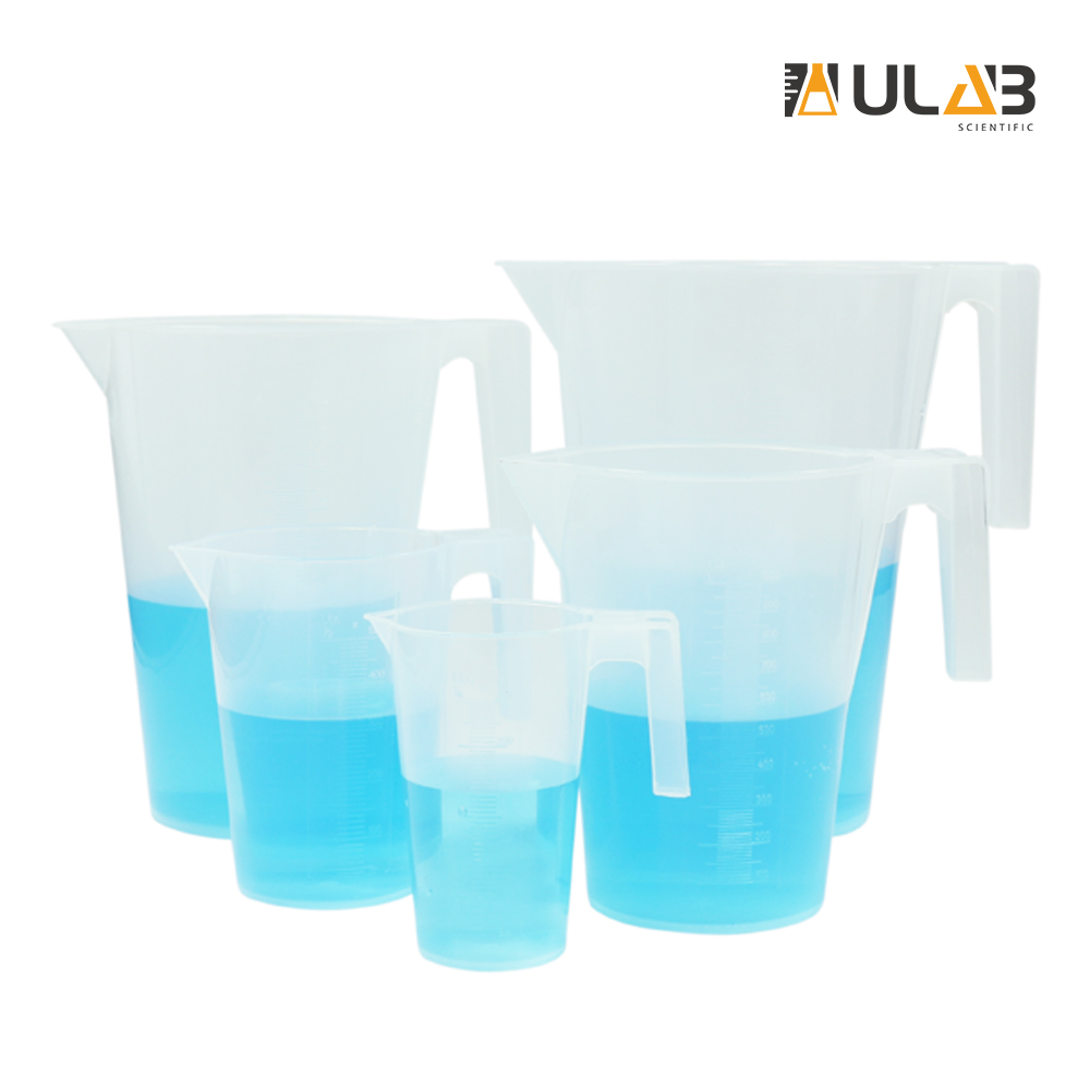 Ulab Scientific Half Handle Plastic Measuring Beaker Set Stackable 5 Sizes 250ml 500ml 1000ml 7622