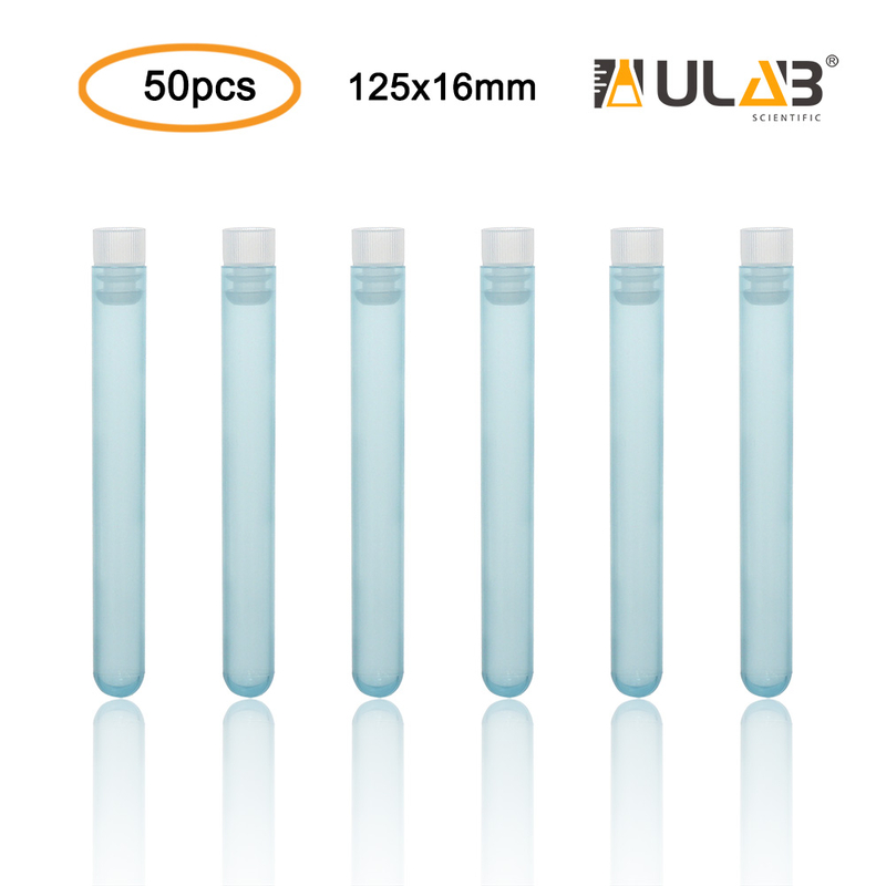 ULAB Plastic Test Tubes with Flange Stoppers, 50pcs of Dia.16x125mm Party Tubes, Blue Color, 50pcs PE Flange Stoppers, Dia.16mm, Nature Color, UTT1016