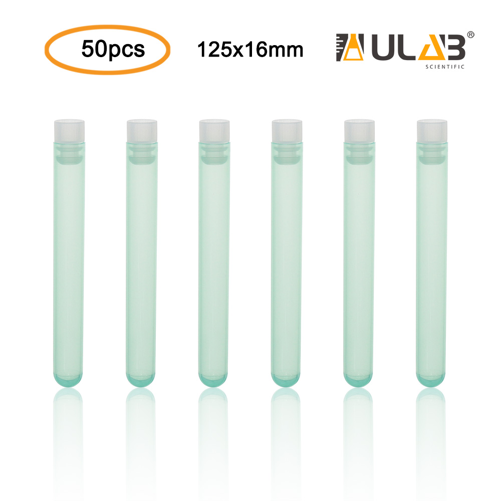 ULAB Plastic Test Tubes with Flange Stoppers, 50pcs of Dia.16x125mm Party Tubes, Green Color, 50pcs PE Flange Stoppers, Dia.16mm, Nature Color, UTT1017