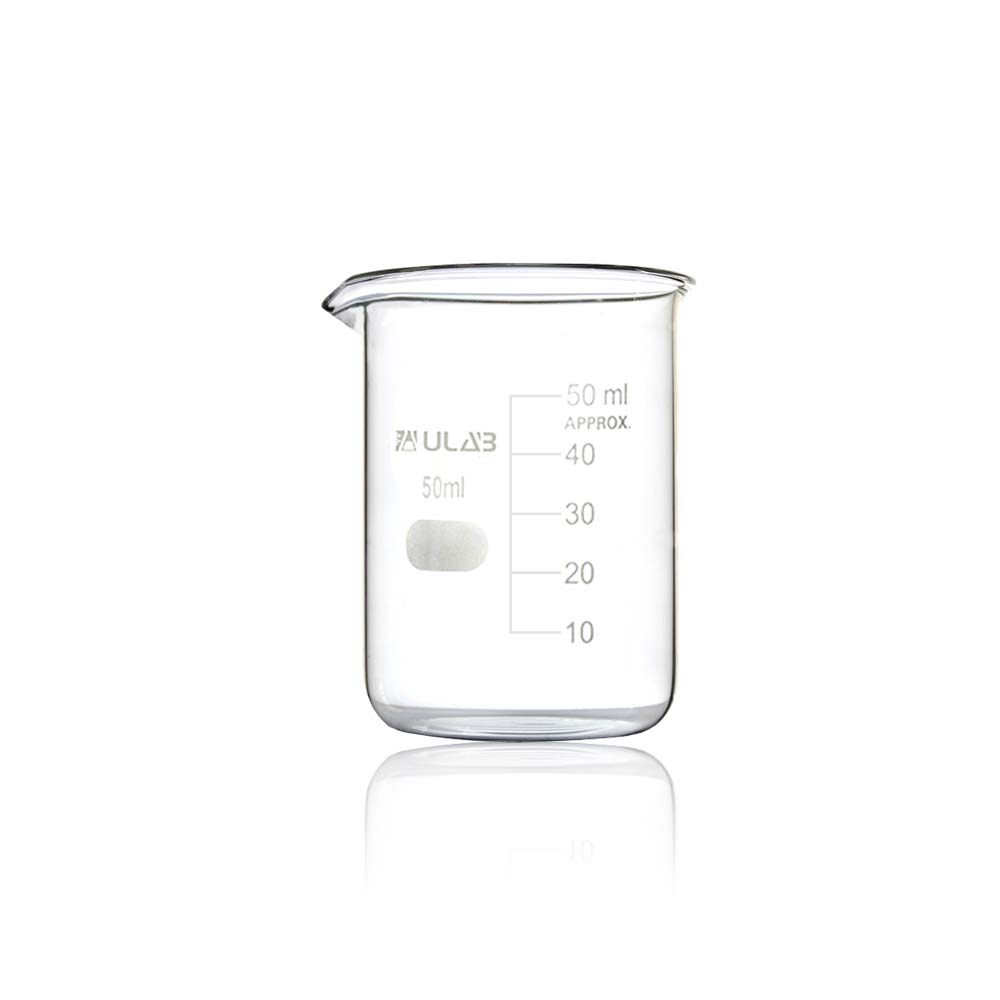 ULAB Glass Beakers Shot Glass, Vol. 50ml, 3.3 Borosilicate Griffin Low Form with Printed Graduation, Pack of 4, UBG1019