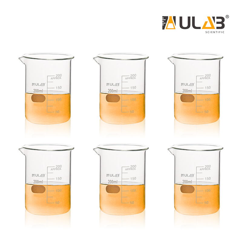 ULAB Scientific Glass Beaker Set, Vol. 200ml, 3.3 Borosilicate Griffin Low Form with Printed Graduation, Pack of 6, UBG1022