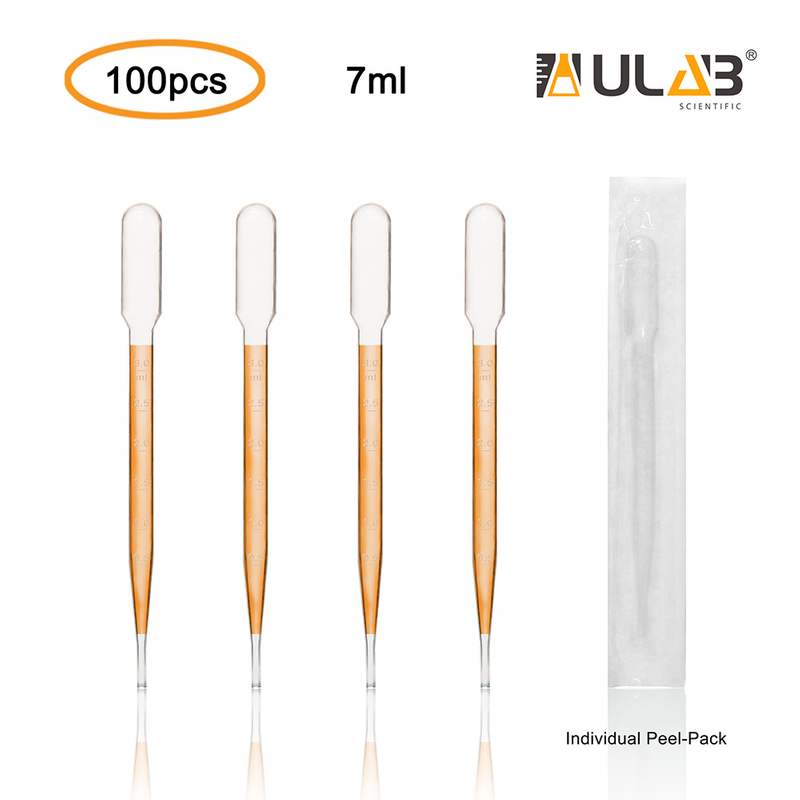ULAB Sterile Transfer Pipettes, Essential Oils Pipettes Vol. 7ml, 3ml Graduated, 0.5ml Graduation Interval, 155mm Long, Low-Density Polyethylene Material, Individual Peel-Pack, Pack of 100, UTP1014