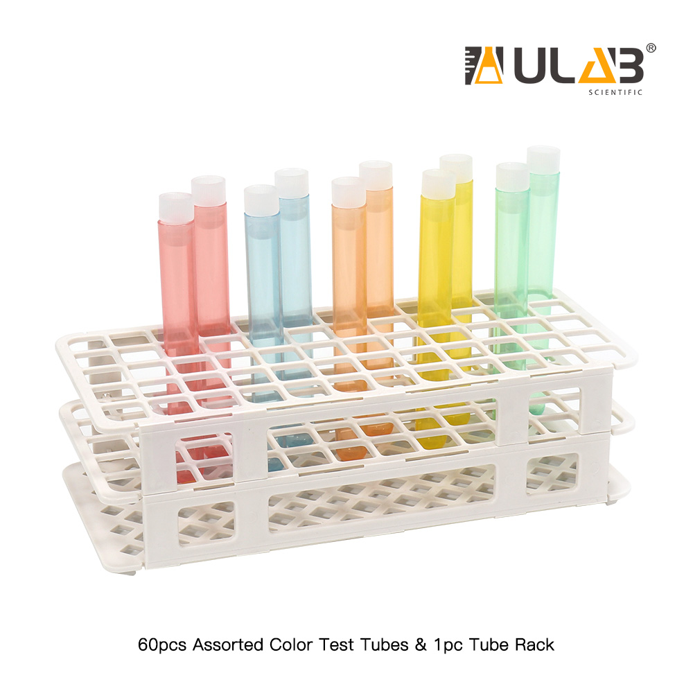 ULAB Scientific White Tube Rack and Plastic Test Tubes Set, Include 1pc of White Tube Rack and 60pcs of Plastic Party Test Tubes, 16x125mm,Assorted Color, UTR1016